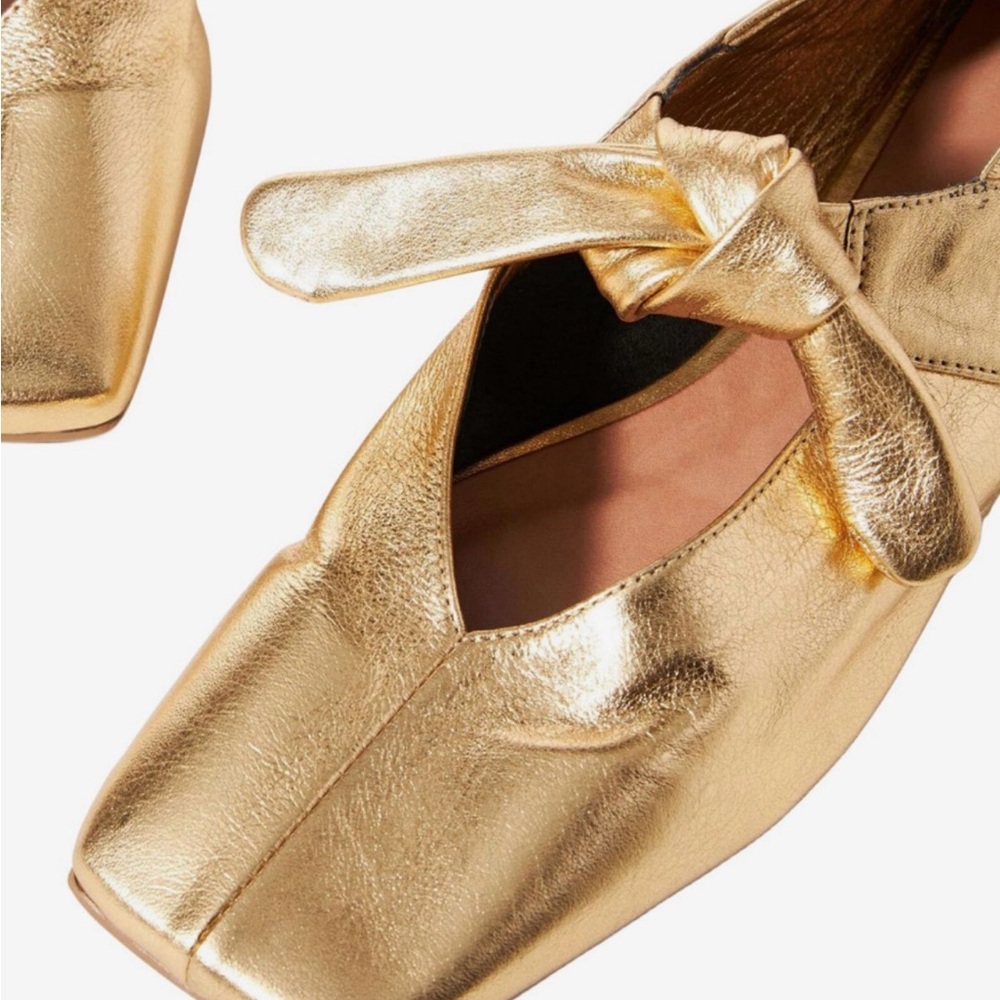 Gold Ballet Flats Square Toe Metallic Knotted Detail Flat Shoes size 9 - Picture 3 of 9